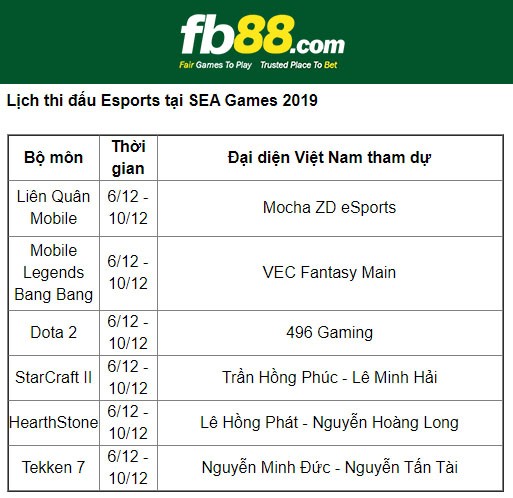 fb88-Lịch thi đấu esport sea games 2019