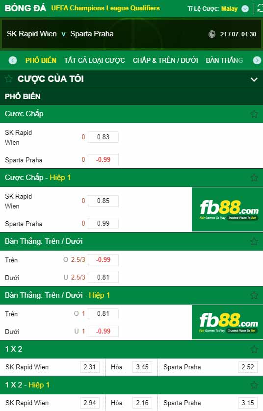 fb88-chi tiết kèo trận đấu Rapid Wien vs Sparta Praha