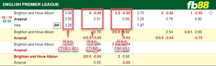 Fb88 bảng kèo trận đấu Brighton vs Arsenal