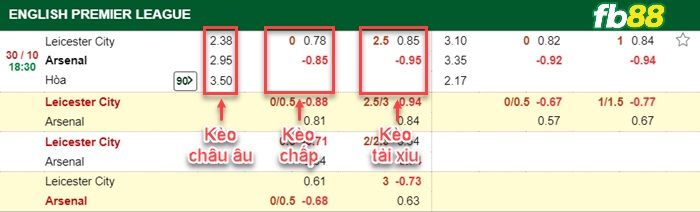 Fb88 bảng kèo trận đấu Leicester vs Arsenal