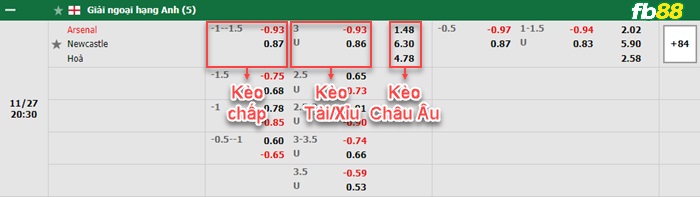 Fb88 bảng kèo trận đấu Arsenal vs Newcastle