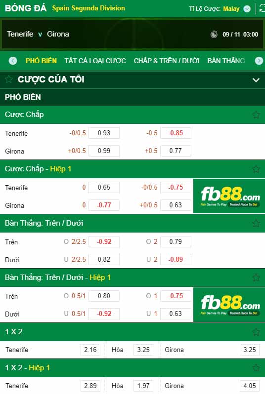 fb88-chi tiết kèo trận đấu Tenerife vs Girona