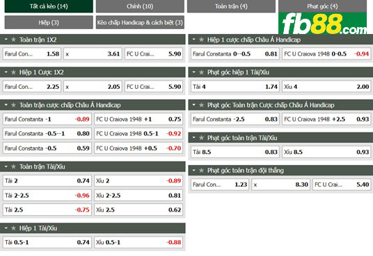 Fb88 tỷ lệ kèo trận đấu Farul Constanta vs Craiova