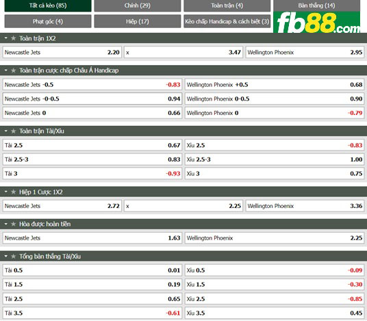 Fb88 tỷ lệ kèo trận đấu Newcastle Jets vs Wellington Phoenix