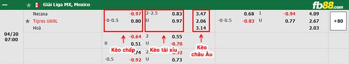 Bảng tỷ lệ kèo Club Necaxa vs Tigres UANL