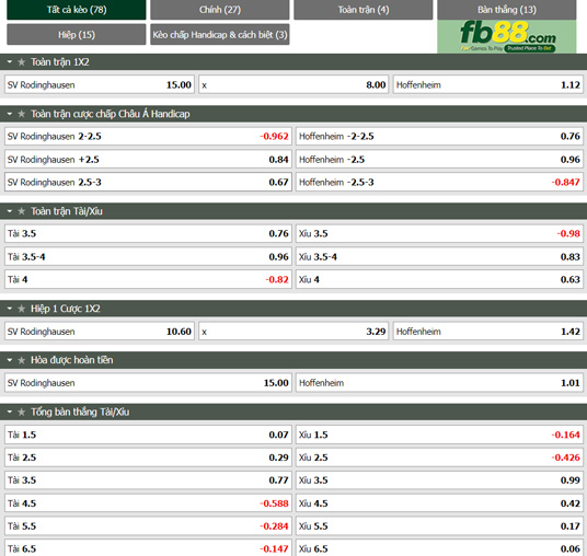 Fb88 bảng kèo trận đấu Rodinghausen vs Hoffenheim