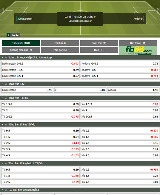 Fb88 tỷ lệ kèo trận đấu Liechtenstein vs Andorra