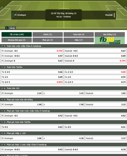 Fb88 tỷ lệ kèo trận đấu Groningen vs Waalwijk