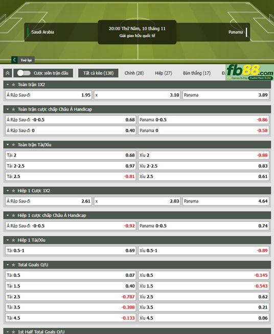 Fb88 tỷ lệ kèo trận đấu Saudi Arabia vs Panama