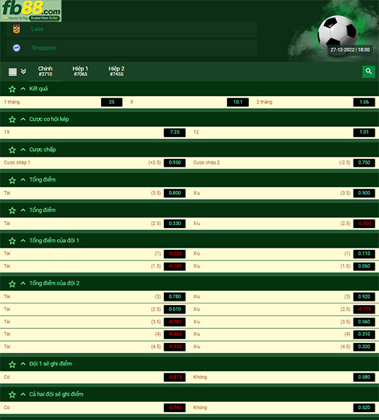 Fb88 tỷ lệ kèo trận đấu Lào vs Singapore