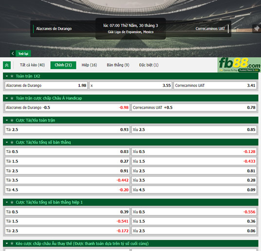 Fb88 tỷ lệ kèo trận đấu Alacranes vs Correcaminos