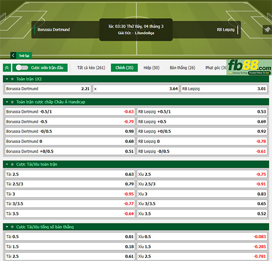Fb88 tỷ lệ kèo trận đấu Dortmund vs Leipzig
