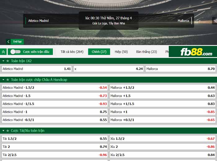 fb88-chi tiết kèo trận đấu Atletico Madrid vs Mallorca