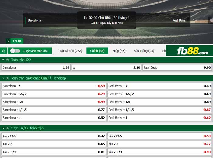 fb88-chi tiết kèo trận đấu Barcelona vs Real Betis