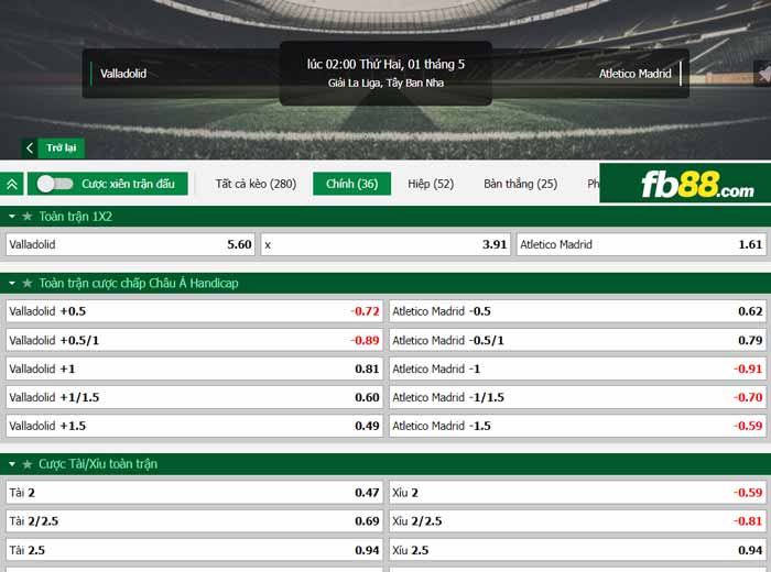 fb88-chi tiết kèo trận đấu Real Valladolid vs Atletico Madrid