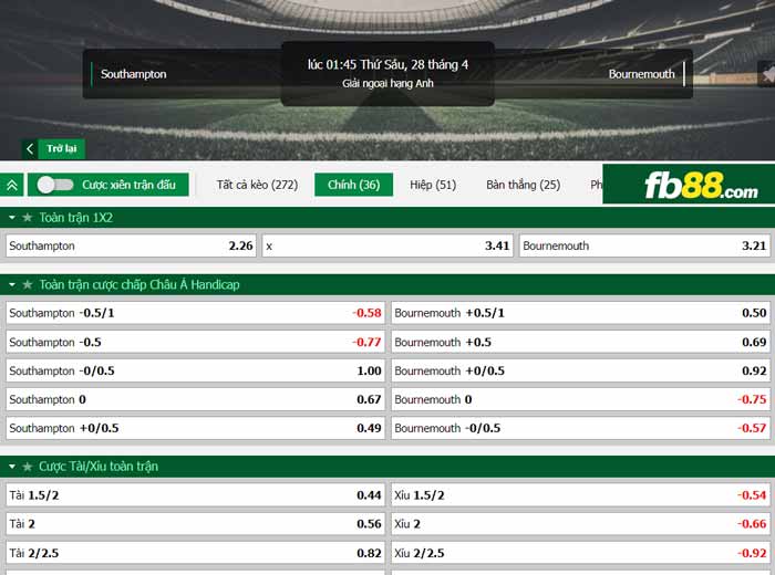 fb88-chi tiết kèo trận đấu Southampton vs Bournemouth