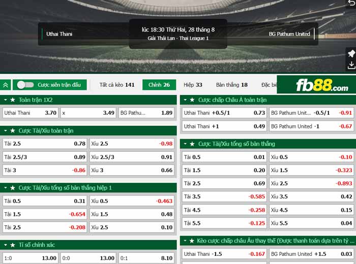 fb88-chi tiết kèo trận đấu Uthai Thani Forest vs BG Pathum