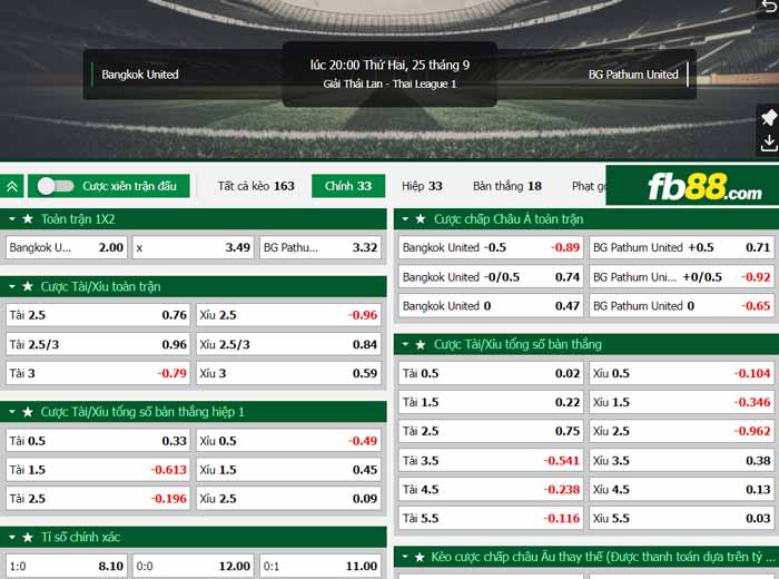 fb88-chi tiết kèo trận đấu Bangkok vs BG Pathum