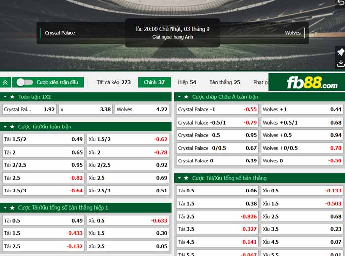 fb88-chi tiết kèo trận đấu Crystal Palace vs Wolves