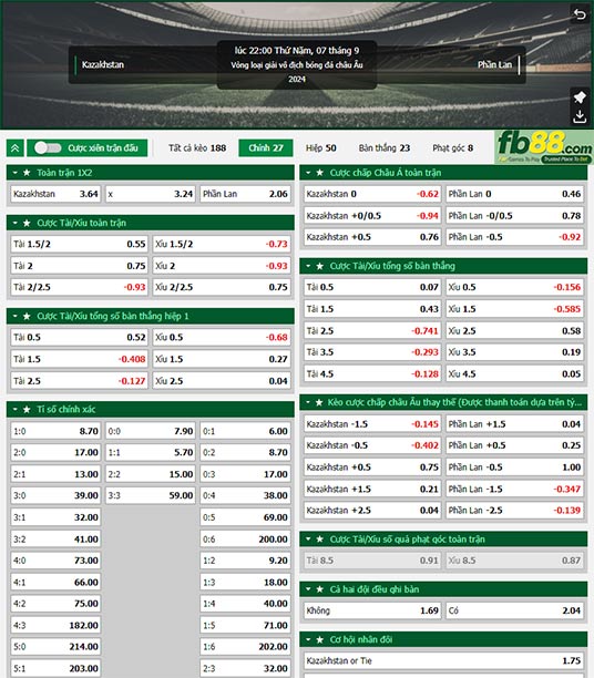 Fb88 tỷ lệ kèo trận đấu Kazakhstan vs Phần Lan