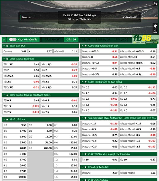 Fb88 tỷ lệ kèo trận đấu Osasuna vs Atletico Madrid