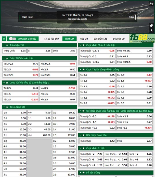 Fb88 tỷ lệ kèo trận đấu Trung Quốc vs Syria