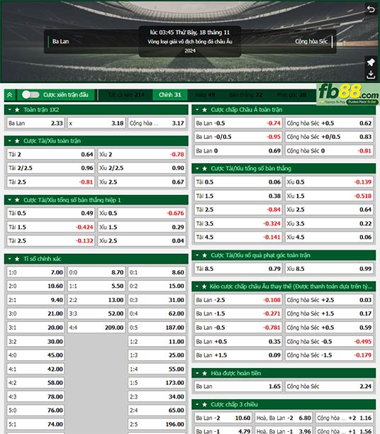 Fb88 tỷ lệ kèo trận đấu Ba Lan vs Séc