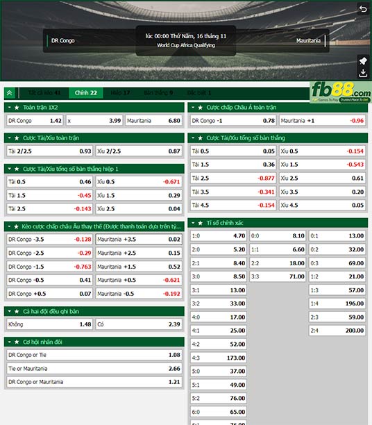 Fb88 tỷ lệ kèo trận đấu CH Congo vs Mauritania