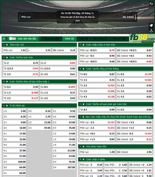 Fb88 tỷ lệ kèo trận đấu Phần Lan vs Bắc Ireland