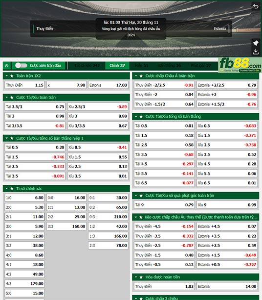 Fb88 tỷ lệ kèo trận đấu Thụy Điển vs Estonia