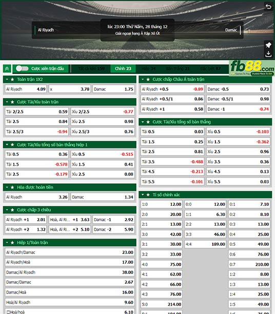 Fb88 tỷ lệ kèo trận đấu Al-Riyadh vs Dhamk