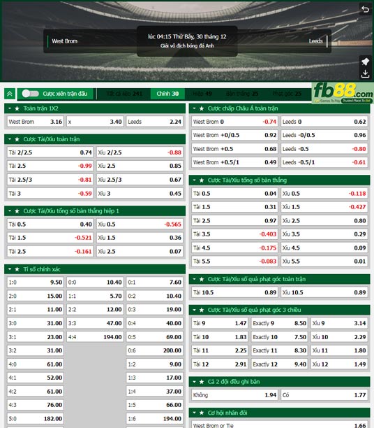 Fb88 tỷ lệ kèo trận đấu West Brom vs Leeds United