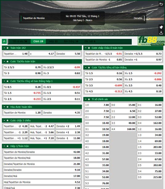 Fb88 tỷ lệ kèo trận đấu De Morelosvs Dorados Sinaloa