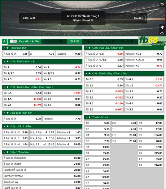 Fb88 tỷ lệ kèo trận đấu Saudi Arabia vs Palestine