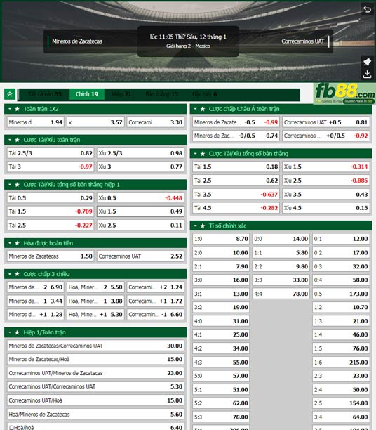 Fb88 tỷ lệ kèo trận đấu Zacatecas vs Correcaminos