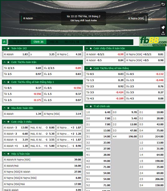 Fb88 tỷ lệ kèo trận đấu Al-Adalah vs Al Najma