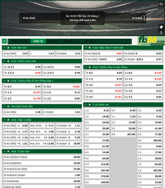 Fb88 tỷ lệ kèo trận đấu Al Ain(KSA) vs Al-Orubah